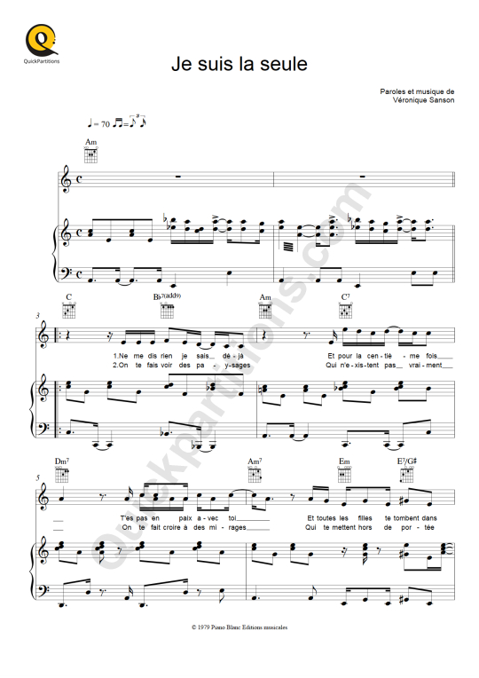 Partition Piano Je Suis La Seule - V�ronique Sanson