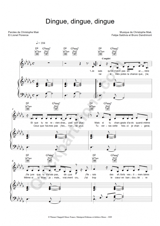 Partition Piano Dingue Dingue Dingue Christophe Mae (Partition Digitale)