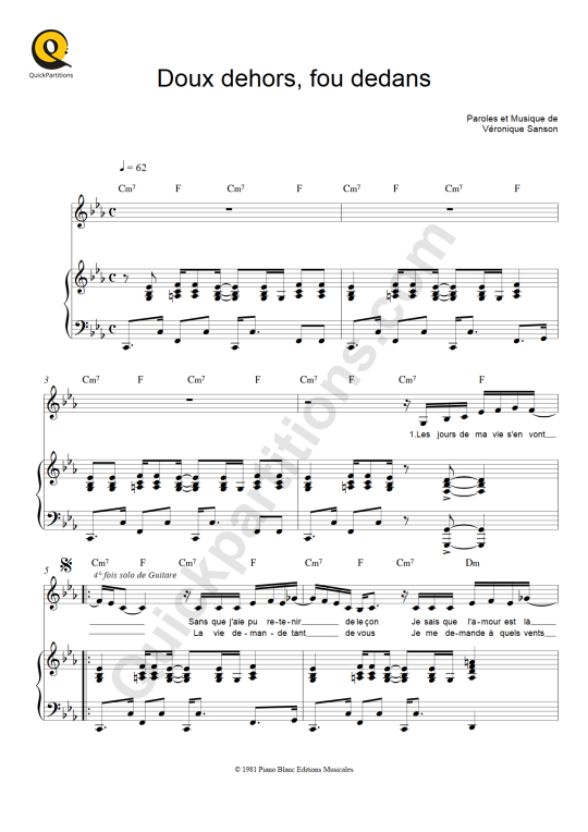 Partition Piano Doux Dehors, Fou Dedans - V�ronique Sanson