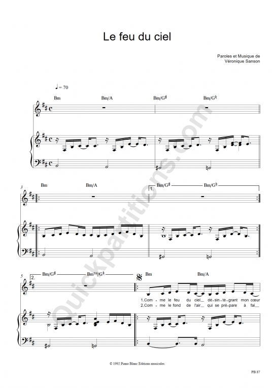 Partition Piano Le Feu Du Ciel - V�ronique Sanson