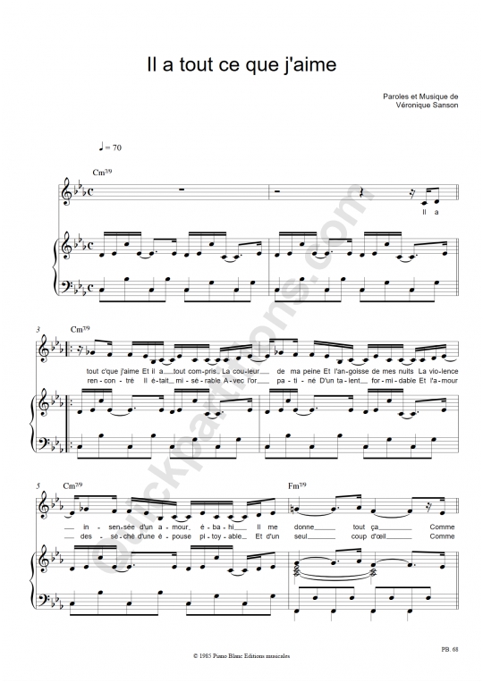 Partition Piano Il A Tout Ce Que J ' aime - Véronique Sanson ... Partition Piano Il A Tout Ce Que J ' aime - Véronique Sanson ...