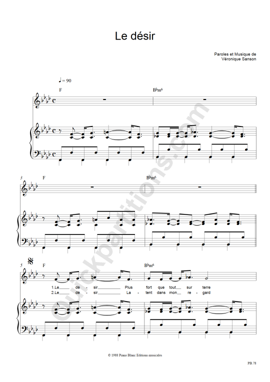 Partition Piano Le D�sir - V�ronique Sanson