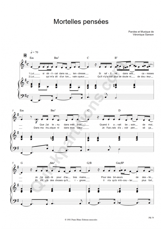Partition Piano Mortelles Pens�es - V�ronique Sanson