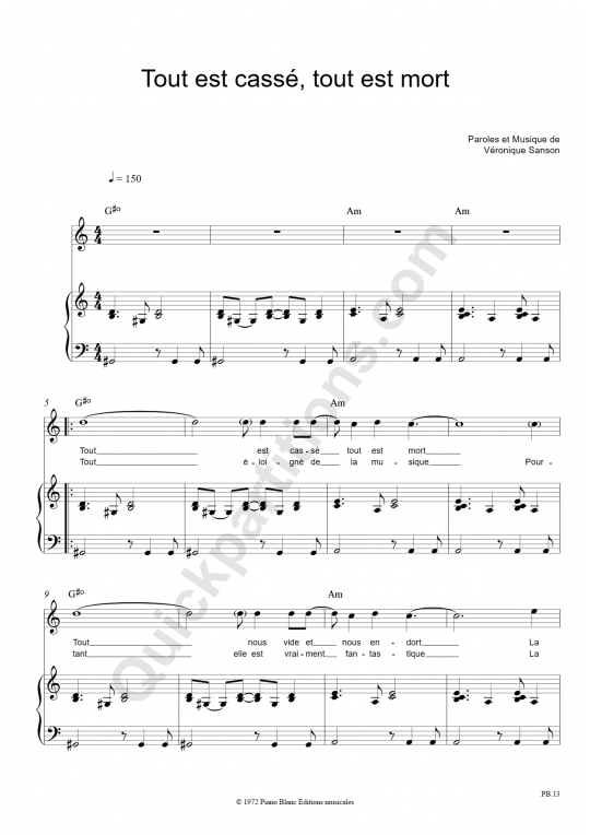 Partition Piano Tout Est Cassé, Tout Est Mort - Véronique Sanson