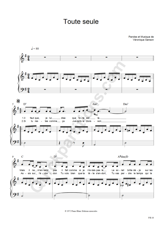 Partition Piano Toute Seule - V�ronique Sanson
