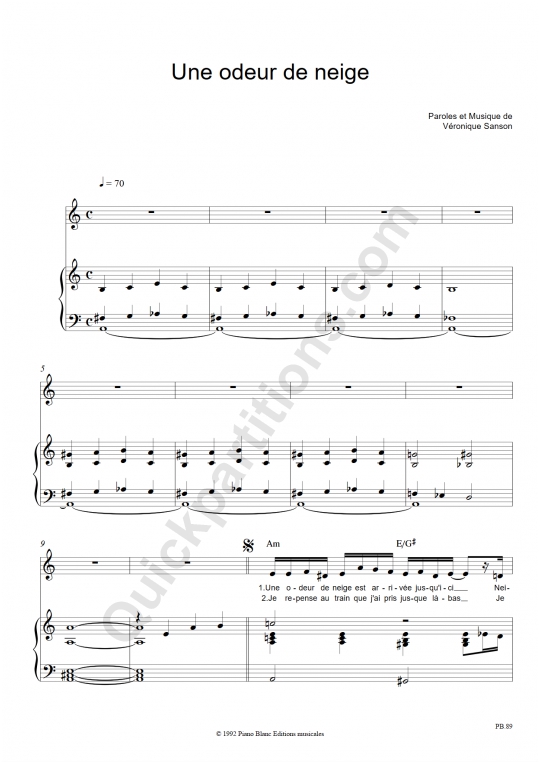 Partition Piano Une Odeur De Neige - V�ronique Sanson