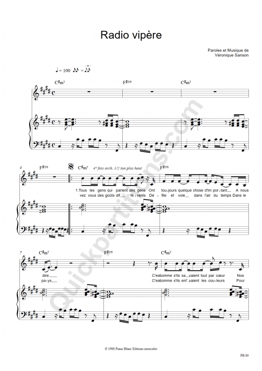 Partition Piano Radio Vip�re - V�ronique Sanson