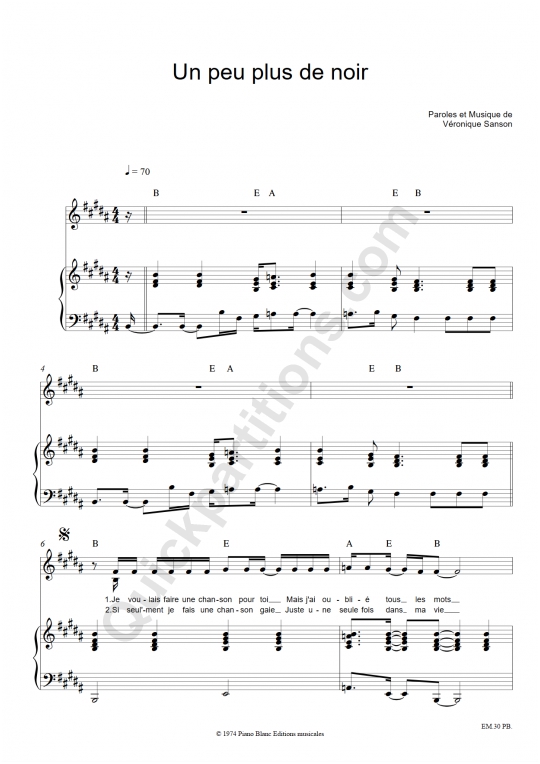 Partition Piano Un Peu Plus De Noir - V�ronique Sanson
