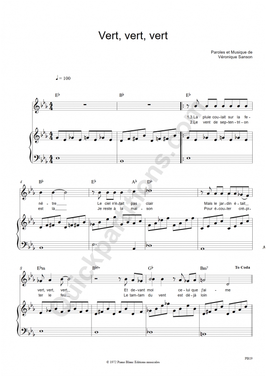 Partition Piano Vert Vert Vert - V�ronique Sanson