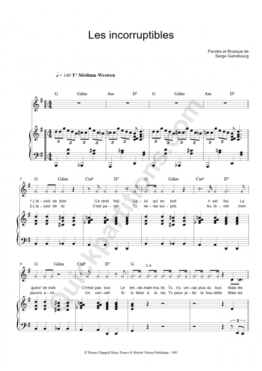 Partition Piano Les Incorruptibles - Serge Gainsbourg