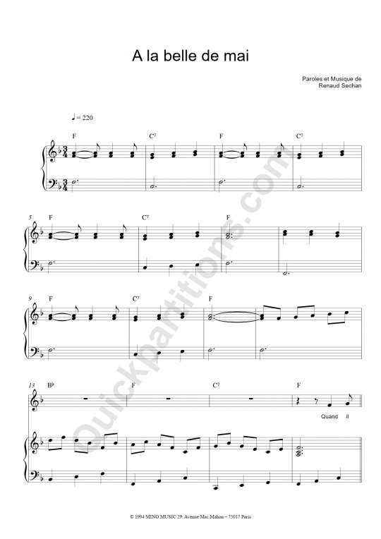 Partition piano A la belle de mai - Renaud
