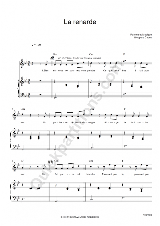 Partition piano La Renarde - Weepers Circus