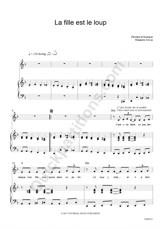 Partition piano La fille et le loup - Weepers Circus