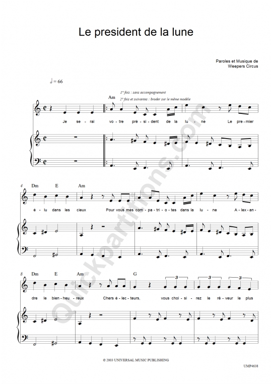Partition piano Le Président de la lune - Weepers Circus