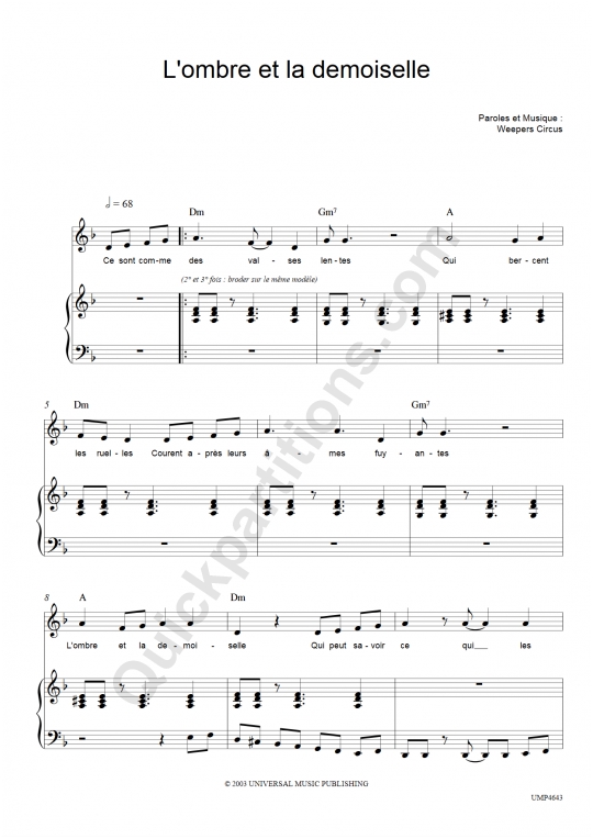 L'Ombre et la Demoiselle Piano Sheet Music - Weepers Circus