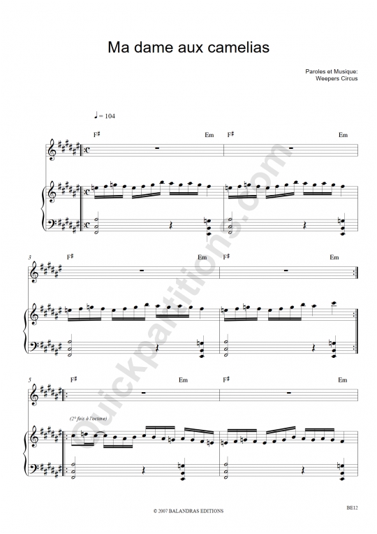 Ma dame aux camélias Piano Sheet Music - Weepers Circus