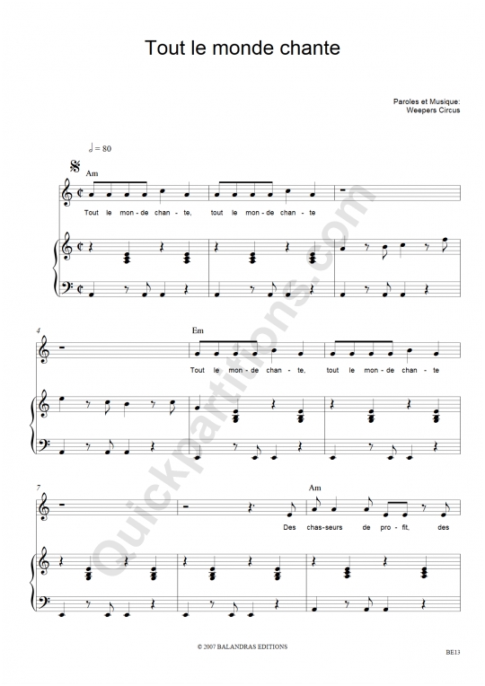 Tout le monde chante Piano Sheet Music - Weepers Circus