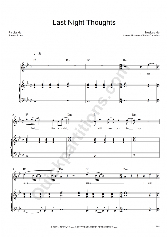Partition piano Last Night Thoughts - AaRON