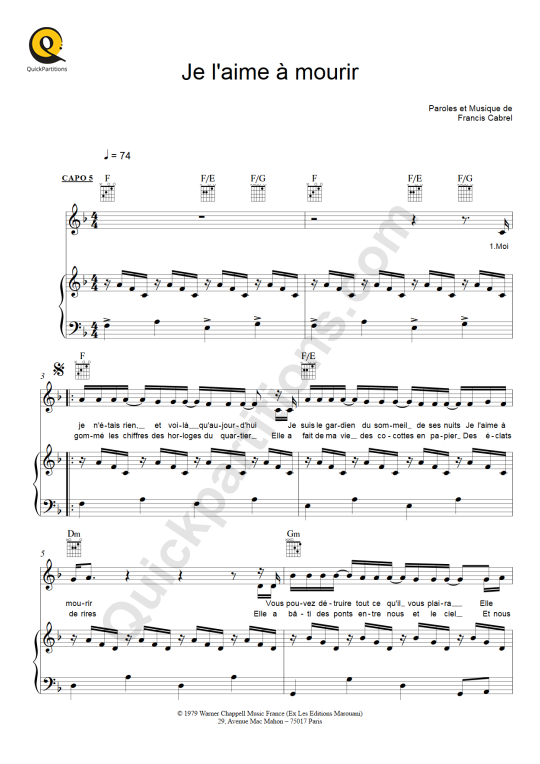 Je l'aime à mourir Piano Sheet Music - Francis Cabrel