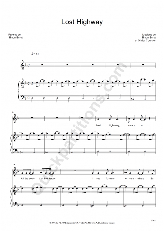 Partition piano Lost Highway - AaRON
