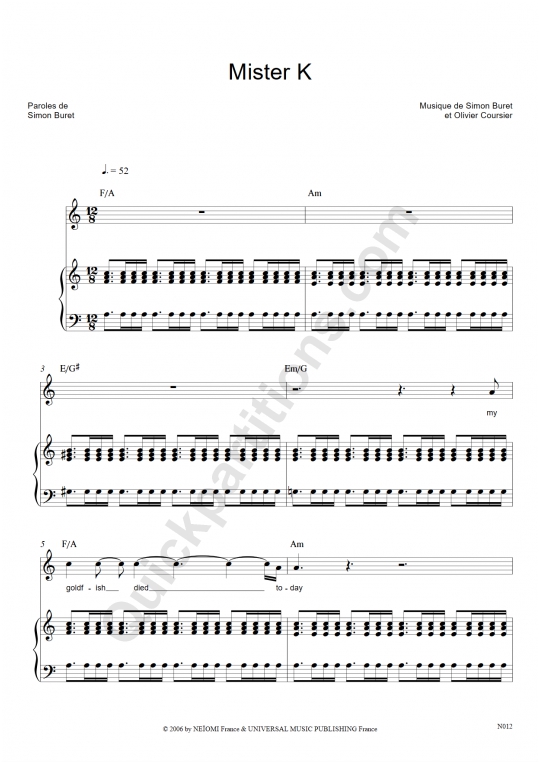 Partition piano Mister K - AaRON
