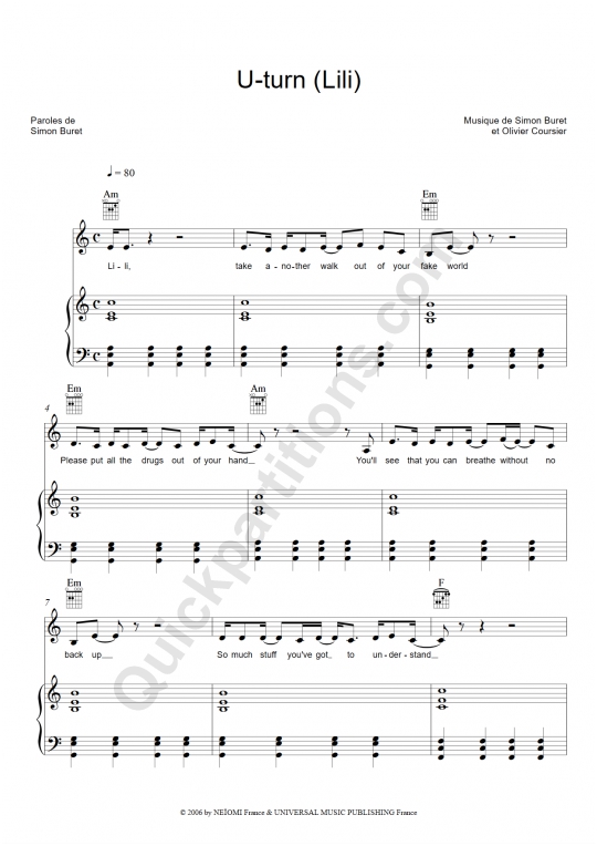 Partition piano U-Turn (Lili) - AaRON