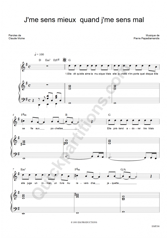 J'me sens mieux quand j'me sens mal Piano Sheet Music - Eddy Mitchell