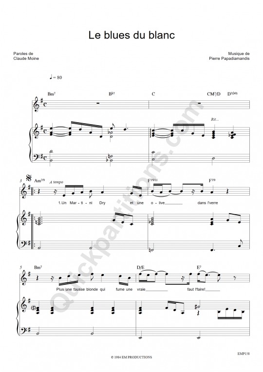 Le blues du blanc Piano Sheet Music - Eddy Mitchell
