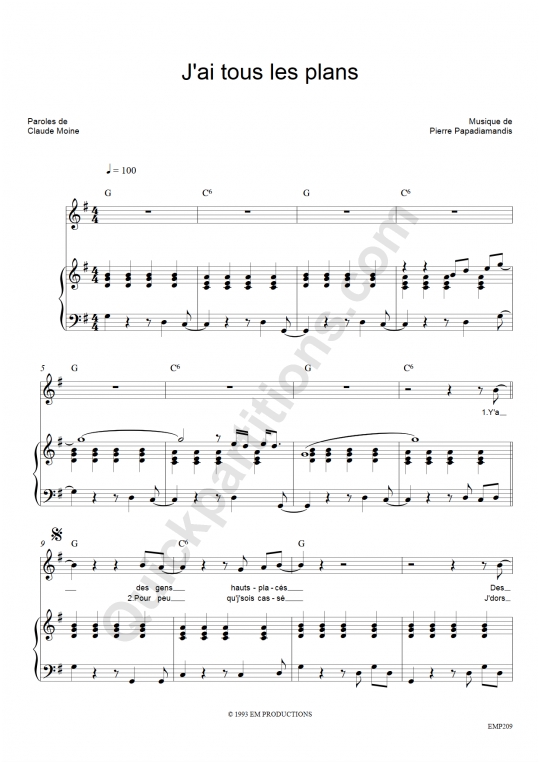 J'ai tous les plans Piano Sheet Music - Eddy Mitchell