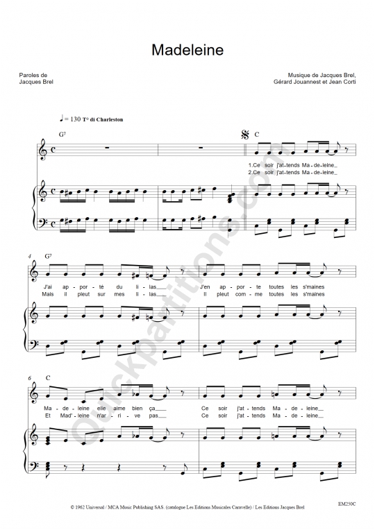 Madeleine Piano Sheet Music - Jacques Brel