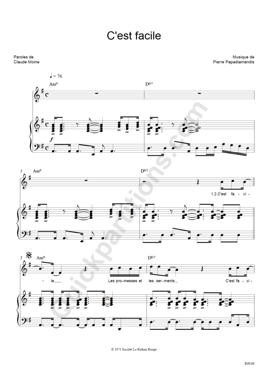 C'est facile Piano Sheet Music - Eddy Mitchell