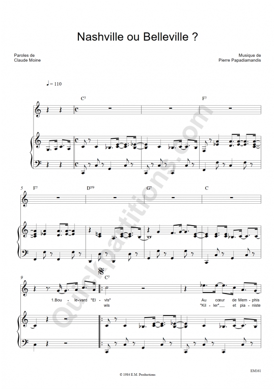 Nashville ou Belleville ? Piano Sheet Music - Eddy Mitchell
