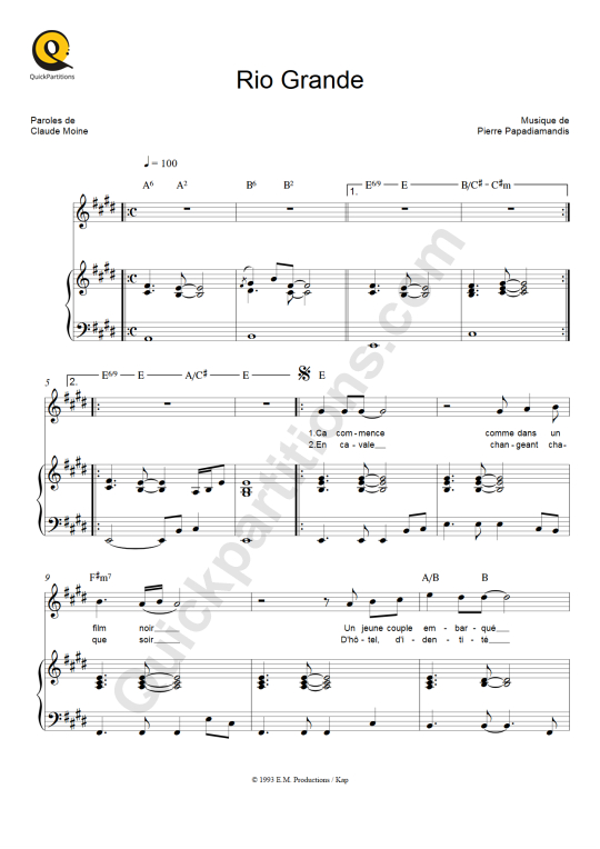 Partition piano Rio Grande - Eddy Mitchell