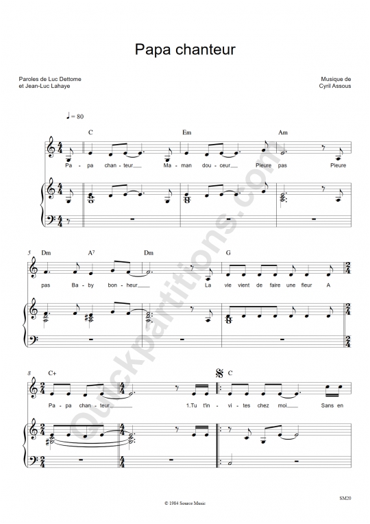 Partition piano Papa chanteur - Jean-Luc Lahaye