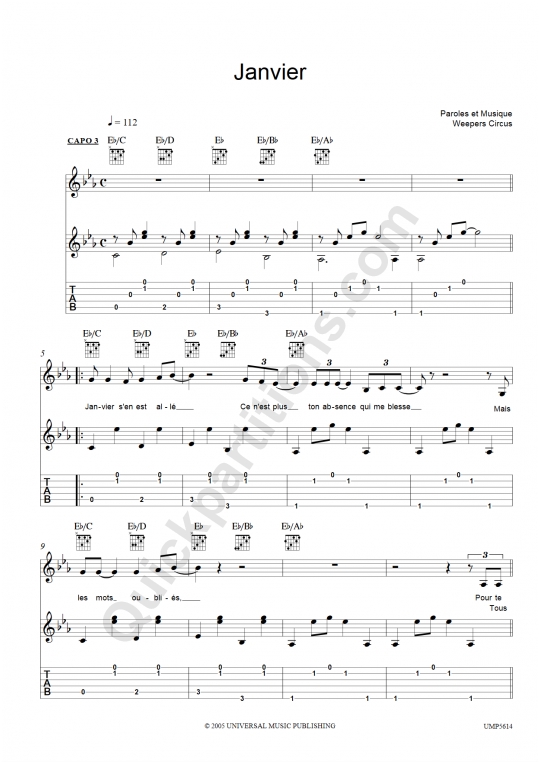 Tablature Guitare Janvier - Weepers Circus