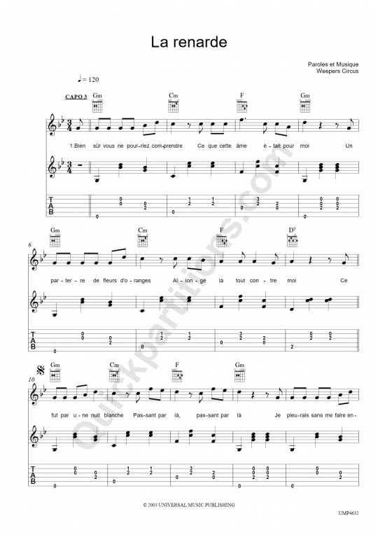 La Renarde Guitar Tab - Weepers Circus