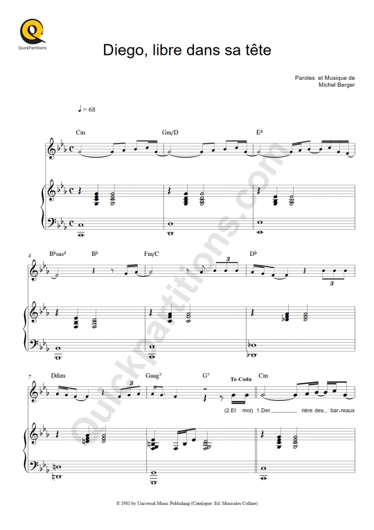 Partition piano Diego, libre dans sa tête - Michel Berger