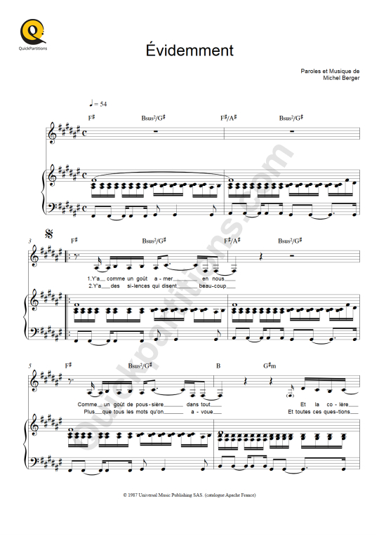 Partition piano Evidemment - France Gall