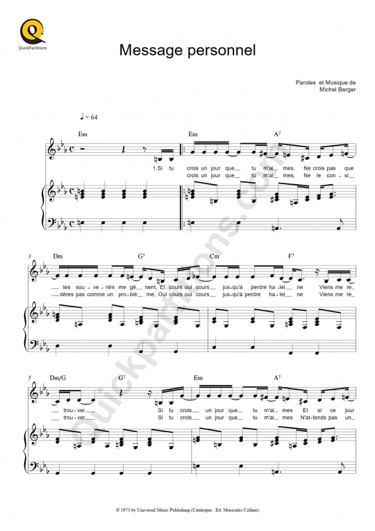 Message personnel Piano Sheet Music - Michel Berger
