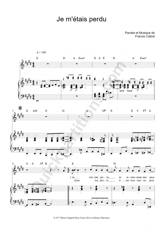Je m'étais perdu Piano Sheet Music - Francis Cabrel
