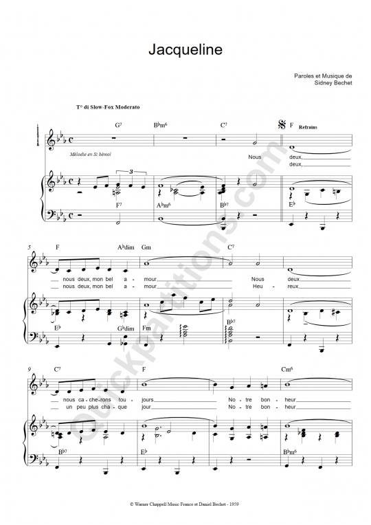 Jacqueline Piano Sheet Music - Sidney Bechet