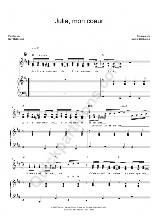 Julia mon coeur Piano Sheet Music - Catherine Ferry