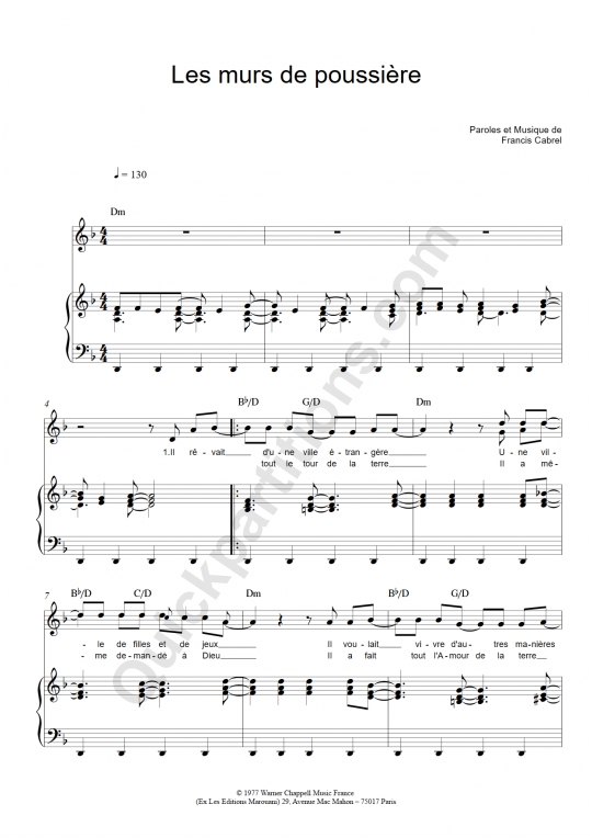 Les murs de poussière Piano Sheet Music - Francis Cabrel