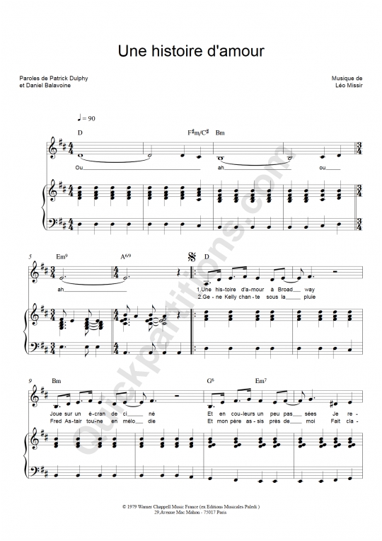 Partition piano Une histoire d'amour - Daniel Balavoine