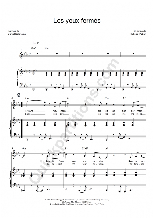 Partition piano Les yeux fermés - Daniel Balavoine