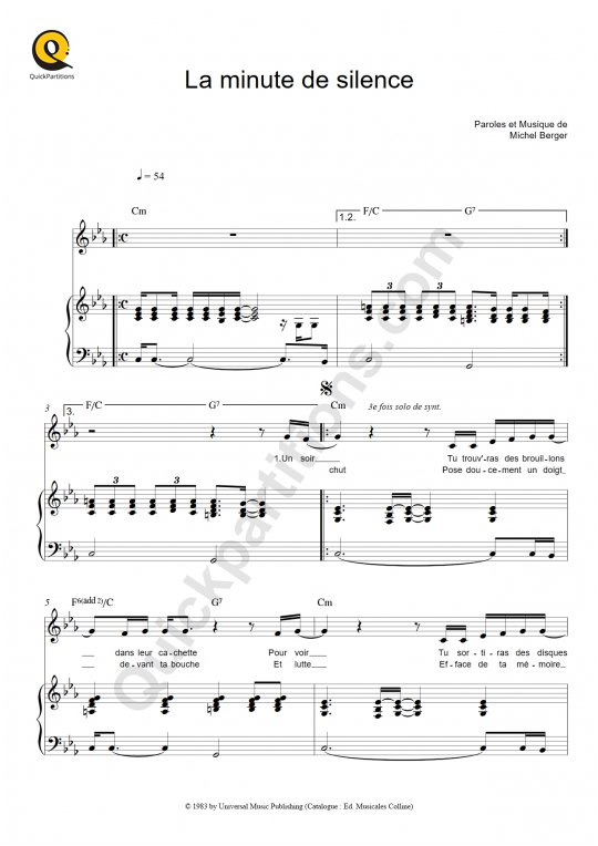 Partition piano La minute de silence - Michel Berger