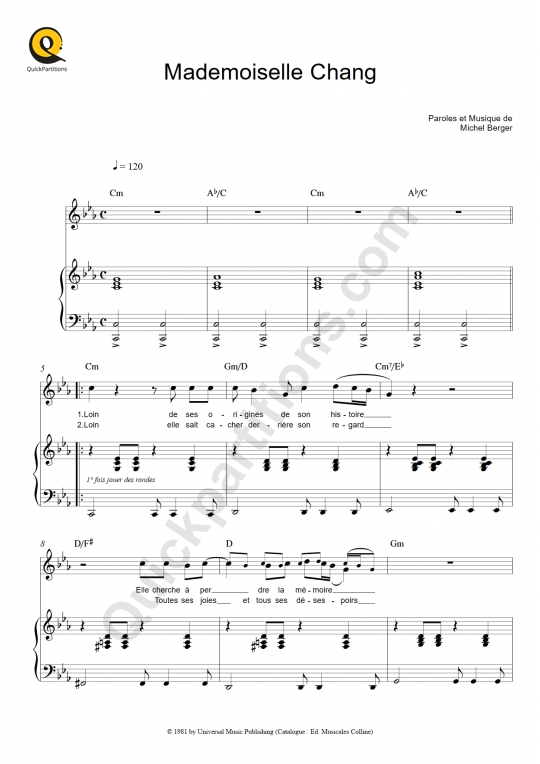 Partition piano Mademoiselle Chang - Michel Berger