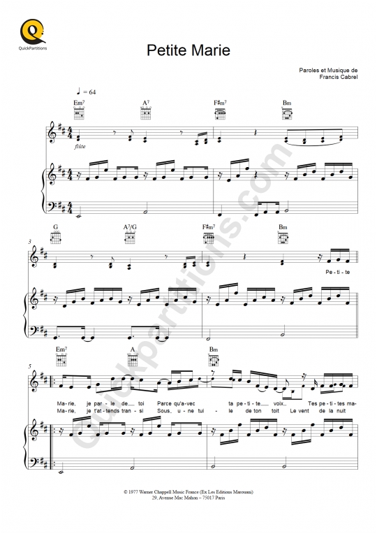 Partition piano Petite Marie - Francis Cabrel