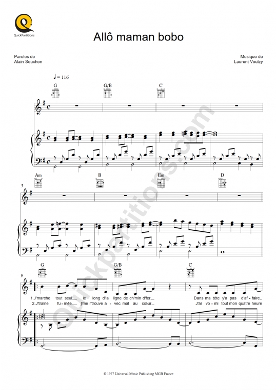 Allo maman bobo Piano Sheet Music - Alain Souchon
