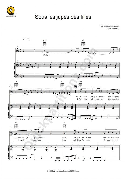 Sous les jupes des filles Piano Sheet Music - Alain Souchon